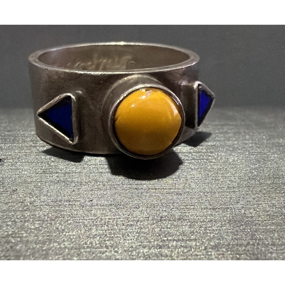Wide Sterling 925 Cuff Ring Blue Yellow Enamel Cabochon Size 7 Halpern Signed